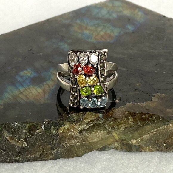 Sterling Silver 925 Multi Color Oval Cubic Zirconia CZ Ring Sz 7.75 - Picture 2 of 16